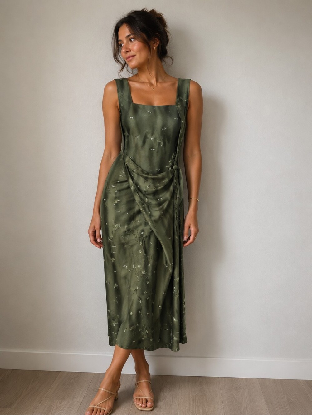 Vintage SCARLET NWT Olive Green Shadow Floral Max Wrap Dress Size 15